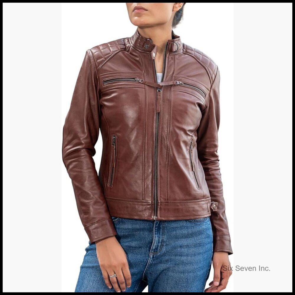 Quilted Lambskin Leather Jacket Women Cafe Racer Style